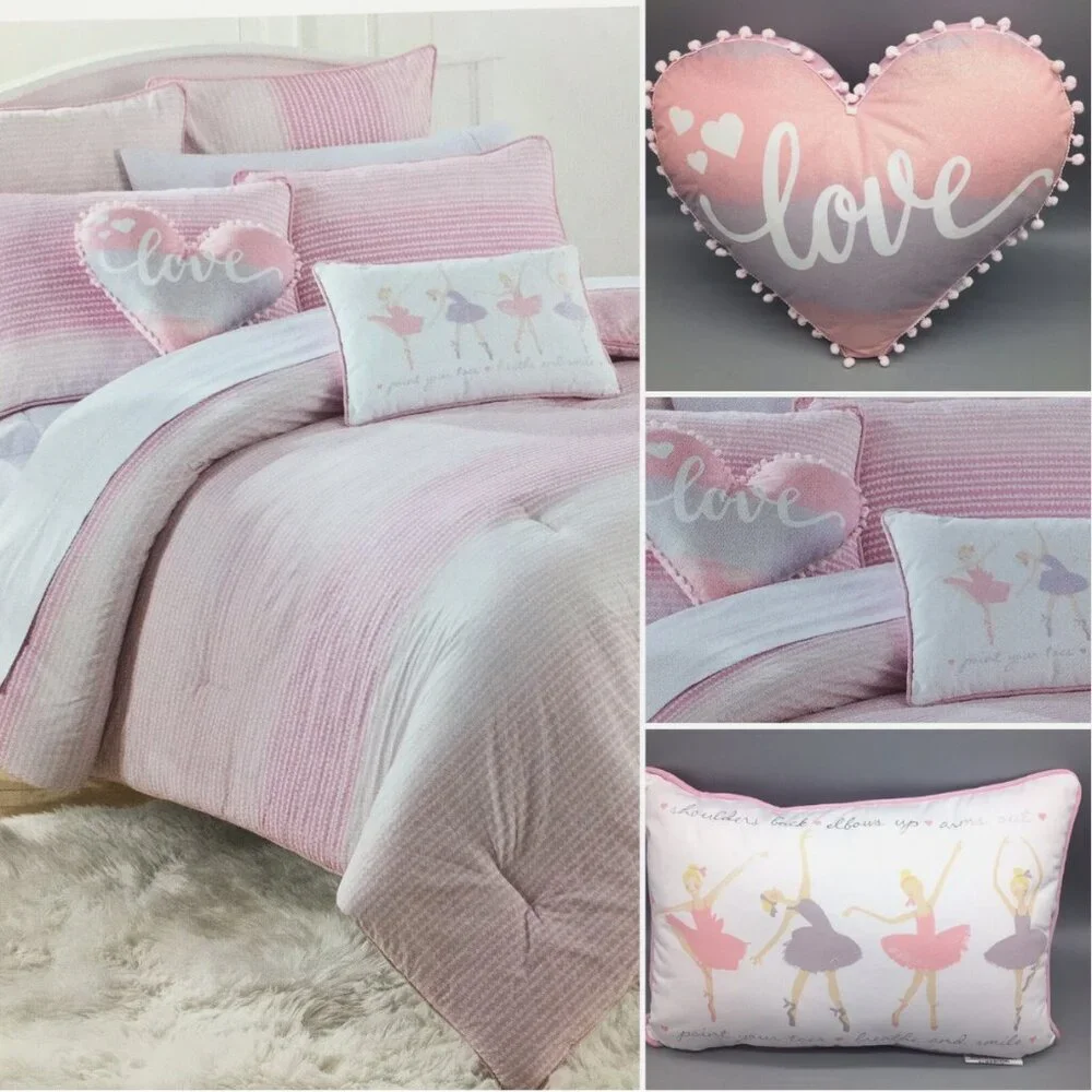 5pc Nicole Miller Ballerina FULL QUEEN Set Comforter Pillows Dance Hearts Pink